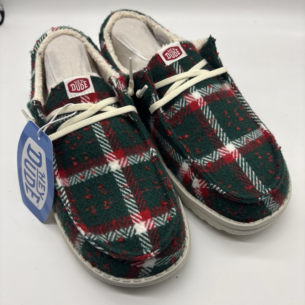Hey Dude Wendy Confetti Plaid Cozy Shoes Slip On Red Green‎ Size 9 Womens